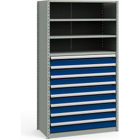 Rousseau Metal Inc. R5SHE-874801 _071_055 Rousseau Metal Steel Shelving 48-5/8"Wx24"Dx87"H Closed 5 Shelf 8 Drawer Gray With Blue Drawers image.