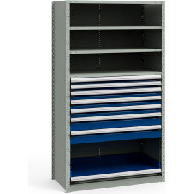 Rousseau Metal Inc. R5SHE-874809 _071_055 Rousseau Metal Steel Shelving 48-5/8"Wx24"Dx87"H Closed 5 Shelf 7 Drawer Gray With Blue Drawers image.