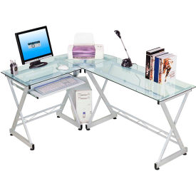 Rta Products Llc RTA-3802-GLS Techni Mobili L-Shaped Tempered Glass Top Computer Desk with Pull Out Keyboard Tray, Clear image.
