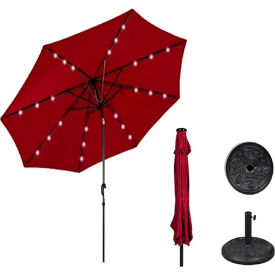 AZ Patio Heaters Solar Market Umbrella w/ LED Lights and Base, Crank/Tilt, 9-7/8' W, Red
