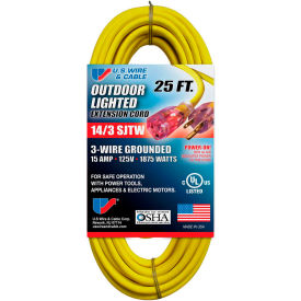 U.S. Wire And Cable 73025 U.S. Wire 73025 25 Ft. Three Conductor Yellow Temp-Flex Lighted Plug Cord, 14/3 Ga., 300V 15A image.
