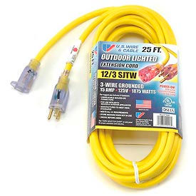 U.S. Wire And Cable 74025 U.S. Wire 74025 25 Ft. Power-On Illuminated Plug Temp-Flex-35 Cord, Yellow, 300V, SJTW-A 12/3 image.