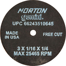 SAINT GOBAIN ABRASIVES 66243510645 Norton 66243510645 Gemini Small Diameter Cut-Off Wheel 3" x 1/16" x 1/4" 36 Grit Alum. Oxide Type 1 image.