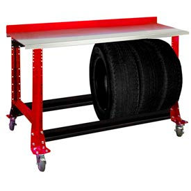 Shure Manufacturing Corporation 973765-CR Tire Cart w/ Stainless Steel Bench Top 54-1/2"W x 25-5/8"D x 41"H-Carmine Red image.
