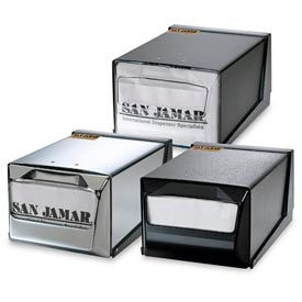 San Jamar H3001BKC Countertop Napkin Dispensers, 5-1/2 h x 7-5/8 w x 11 d, Chrome Face, Black Body image.