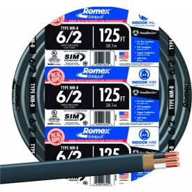 Southwire Company 28894402 Southwire 28894402 Romex SIMpull ® Cable with Ground, Black, 6/2 Awg, 125 ft image.