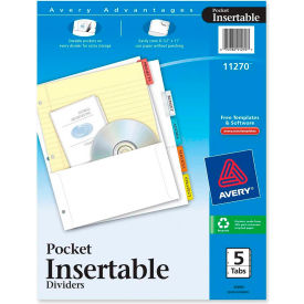 Avery-Dennison 11270 Avery WorkSaver Five Tab Pocket Index, 5 Tabs, White/Multicolor image.