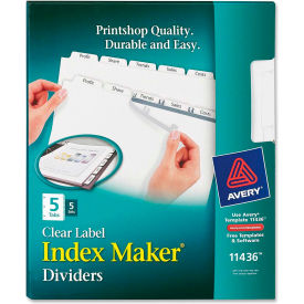 Avery-Dennison 11436 Avery Index Maker Clear Label Divider, 5 Tabs, 5 Sets, White/White image.