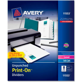 Avery-Dennison 11553 Avery Customizable Unpunched Print-On Divider, 9.5"x11", 8 Tabs, 5 Sets, White/White image.