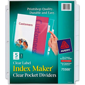 Avery-Dennison 75500 Avery Index Maker 5-Tab Clear Pocket View Divider, Print-on, 8.5"x11", 5 Tabs, White/Clear image.