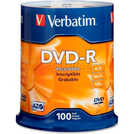 Verbatin America, Llc 95102 Verbatim® DVD-R Disc, 95102, 16X Speed, 4.7GB, 120 Minutes, 100/Pk, Silver image.