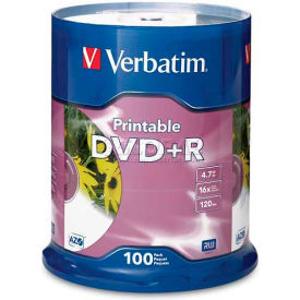 Verbatin America, Llc 95145 Verbatim® DVD+R, 95145, 16X Speed, 4.7GB, Inkjet Printable, 100/Pk, White image.