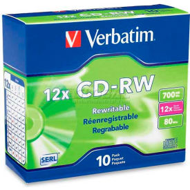 Verbatin America, Llc 95156 Verbatim® CD-RW Discs, 95156, 4-12X, 700MB/80Min, Slim Case, 10/Pk, Silver image.