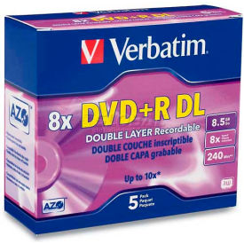Verbatin America, Llc 95311 Verbatim® DVD+R, 95311, 8X Speed, 8.5GB, W/Jewel Case, Double Layer, Branded, 5/Pk image.