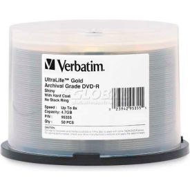 Verbatin America, Llc 95355 Verbatim® DVD-R, 95355, 8X Speed, 4.7GB, Spindle, 50/Pk, Gold image.
