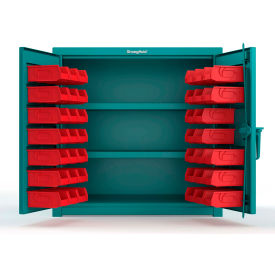 Strong Hold® Extra Heavy Duty Cabinet with 3" Legs 40 Red Bins 36"W x 24"D x 36"H Teal