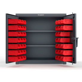Strong Hold® Extra Heavy Duty Cabinet with 3" Legs 40 Red Bins 36"W x 24"D x 36"H Dark Gray