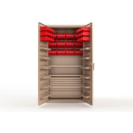 Strong Hold® Extra Heavy Duty Cabinet without Legs 30 Red Bins 36"W x 24"D x 72"H Beige