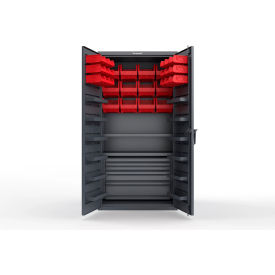 Strong Hold® Extra Heavy Duty Cabinet without Legs 30 Red Bins 36"W x 24"D x 72"H Dark Gray
