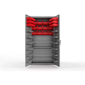 Strong Hold® Extra Heavy Duty Cabinet without Legs 30 Red Bins 36"W x 24"D x 72"H Dusty Gray