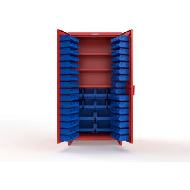 Strong Hold® Extra Heavy Duty Cabinet with 3" Legs 106 Blue Bins 36"W x 24"D x 75"H Red