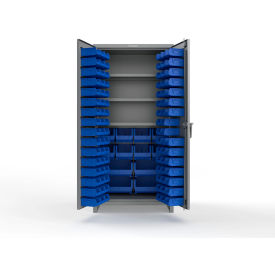 Strong Hold® Extra Heavy Duty Cabinet w/ 3" Legs 106 Blue Bins 36"W x 24"D x 75"H Dusty Gray