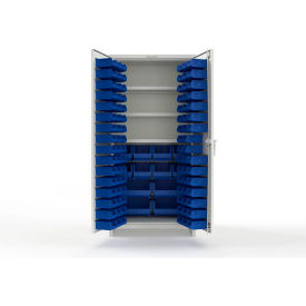 Strong Hold® Extra Heavy Duty Cabinet with 3" Legs 106 Blue Bins 36"W x 24"D x 75"H White