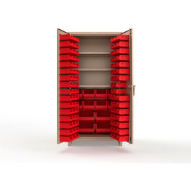 Strong Hold® Extra Heavy Duty Cabinet with 3" Legs 106 Red Bins 36"W x 24"D x 75"H Beige