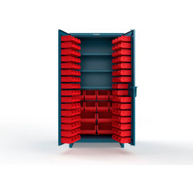 Strong Hold® Extra Heavy Duty Cabinet with 3" Legs 106 Red Bins 36"W x 24"D x 75"H Blue
