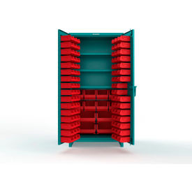 Strong Hold® Extra Heavy Duty Cabinet with 3" Legs 106 Red Bins 36"W x 24"D x 75"H Teal