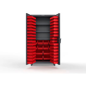 Strong Hold® Extra Heavy Duty Cabinet with 3" Legs 106 Red Bins 36"W x 24"D x 75"H Dark Gray