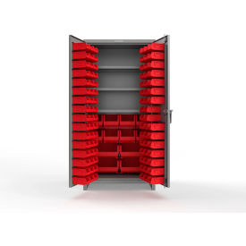 Strong Hold® Extra Heavy Duty Cabinet with 3" Legs 106 Red Bins 36"W x 24"D x 75"HDusty Gray