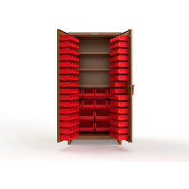 Strong Hold® Extra Heavy Duty Cabinet with 3" Legs 106 Red Bins 36"W x 24"D x 75"H Brown