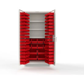 Strong Hold® Extra Heavy Duty Cabinet with 3" Legs 106 Red Bins 36"W x 24"D x 75"H White
