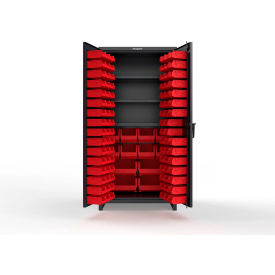 Strong Hold® Extra Heavy Duty Cabinet with 3" Legs 106 Red Bins 36"W x 24"D x 75"H Black