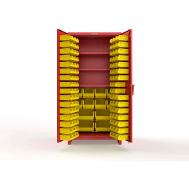 Strong Hold® Extra Heavy Duty Cabinet with 3" Legs 106 Yellow Bins 36"W x 24"D x 75"H Red