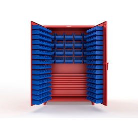 Strong Hold® Extra Heavy Duty Cabinet with 3" Legs 164 Blue Bins 48"W x 24"D x 75"H Red