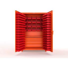 Strong Hold® Extra Heavy Duty Cabinet with 3" Legs 164 Red Bins 48"W x 24"D x 75"H Orange
