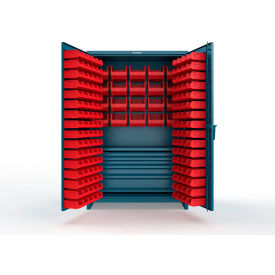 Strong Hold® Extra Heavy Duty Cabinet with 3" Legs 164 Red Bins 48"W x 24"D x 75"H Blue