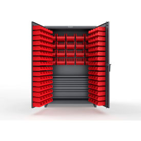 Strong Hold® Extra Heavy Duty Cabinet with 3" Legs 164 Red Bins 48"W x 24"D x 75"H Dark Gray