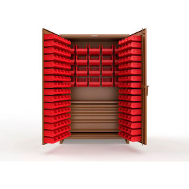 Strong Hold® Extra Heavy Duty Cabinet with 3" Legs 164 Red Bins 48"W x 24"D x 75"H Brown