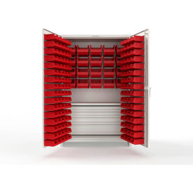 Strong Hold® Extra Heavy Duty Cabinet with 3" Legs 164 Red Bins 48"W x 24"D x 75"H White