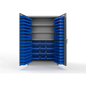 Strong Hold® Extra Heavy Duty Cabinet w/ 3" Legs 156 Blue Bins 48"W x 24"D x 75"H Dusty Gray