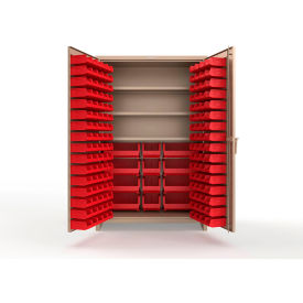 Strong Hold® Extra Heavy Duty Cabinet with 3" Legs 156 Red Bins 48"W x 24"D x 75"H Beige