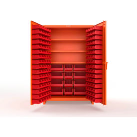 Strong Hold® Extra Heavy Duty Cabinet with 3" Legs 156 Red Bins 48"W x 24"D x 75"H Orange