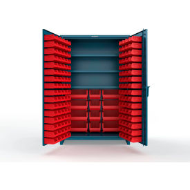 Strong Hold® Extra Heavy Duty Cabinet with 3" Legs 156 Red Bins 48"W x 24"D x 75"H Blue