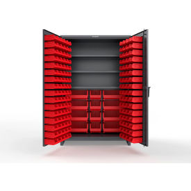 Strong Hold® Extra Heavy Duty Cabinet with 3" Legs 156 Red Bins 48"W x 24"D x 75"H Dark Gray