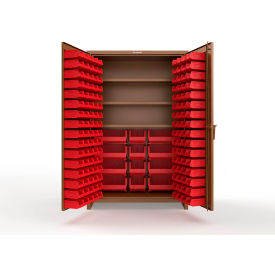 Strong Hold® Extra Heavy Duty Cabinet with 3" Legs 156 Red Bins 48"W x 24"D x 75"H Brown