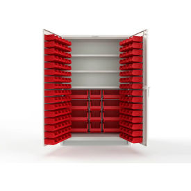 Strong Hold® Extra Heavy Duty Cabinet with 3" Legs 156 Red Bins 48"W x 24"D x 75"H White