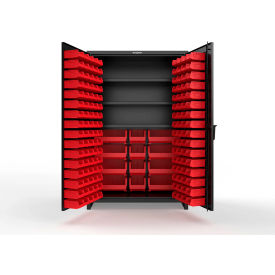 Strong Hold® Extra Heavy Duty Cabinet with 3" Legs 156 Red Bins 48"W x 24"D x 75"H Black